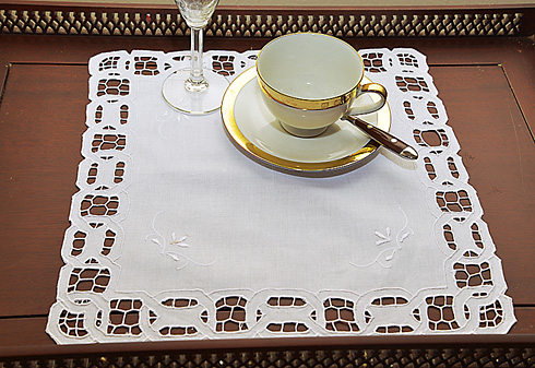 Square Placemat. Dynasty Embroidery & Cutworks. 14"square. white